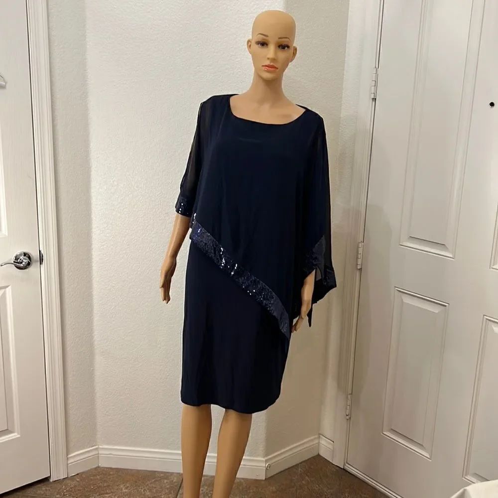R & M Richard’s Woman Navy Sequin Evening Dress Boat Neck Slit 3/4 Sleeves Midi